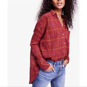 Free People Break My Stride Buttondown Top in Red Metallic Plaid Size Small